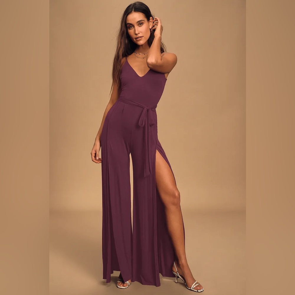 Lulu’s Just Breathe Plum Purple Sleeveless Slit-Leg Jumpsuit Small